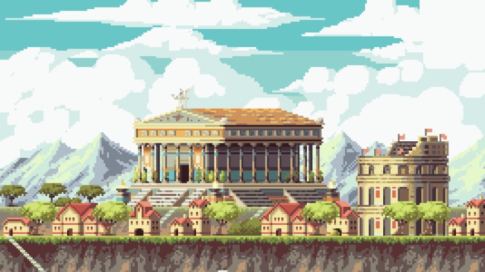 Pixel art ancient Roman city with mountains and clouds