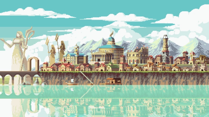 Pixel art city on a cliff overlooking a lake with mountains