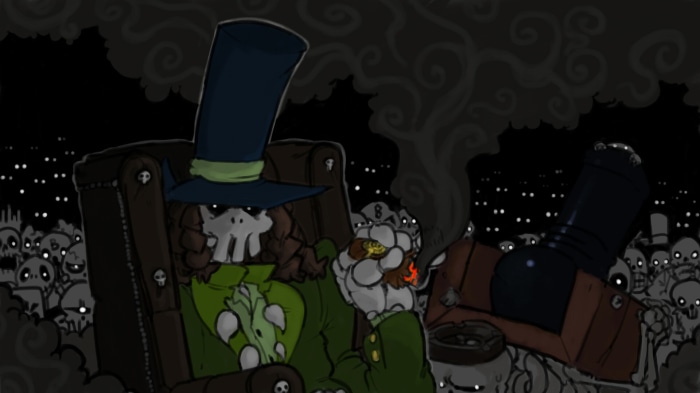 Skeleton with top hat smoking cigar in chair