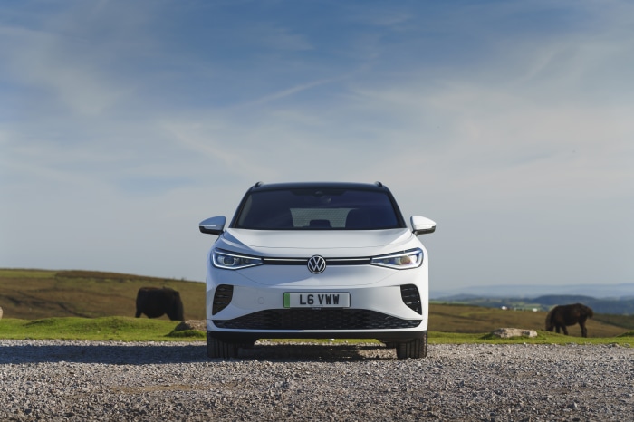 White Volkswagen ID.4 electric car on a gravel road