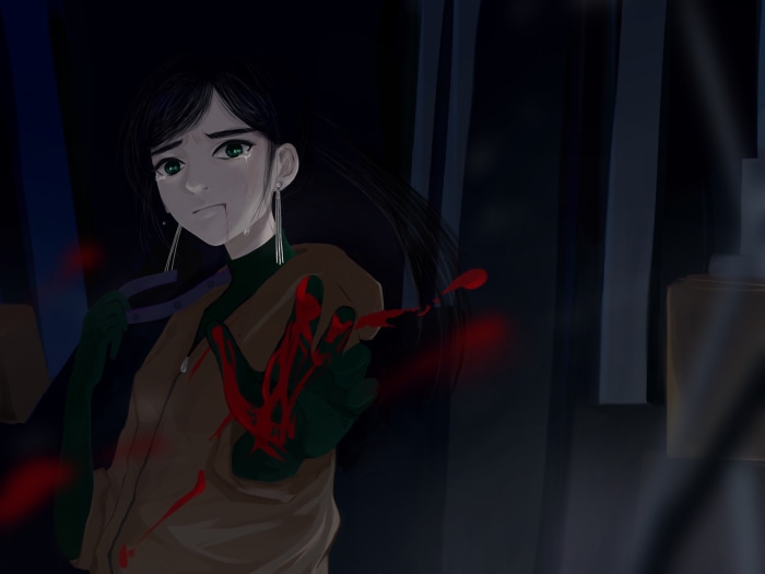 Girl with bloody hand and pliers