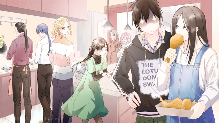 Characters from Hitori No Shita: The Outcast in a kitchen