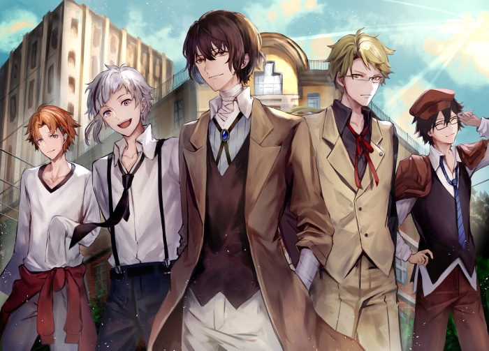 Bungo Stray Dogs characters Atsushi Nakajima, Osamu Dazai, Junichiro Tanizaki, Doppo Kunikida, and Ranpo Edogawa