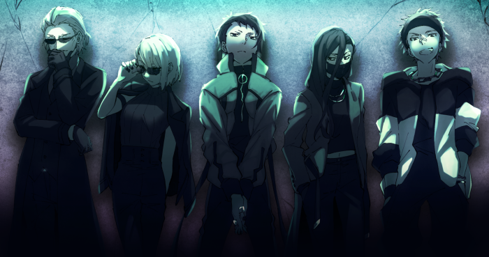 Bungo Stray Dogs characters Ryūrō Hirotsu, Gin Akutagawa, Michizō Tachihara, Ichiyō Higuchi, and Ryūnosuke Akutagawa