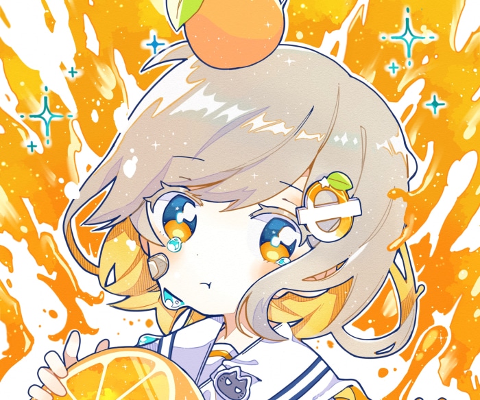 Anime girl with orange accessories and juice splash