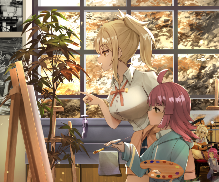Ai Miyashita and Rina Tennoji painting in a studio
