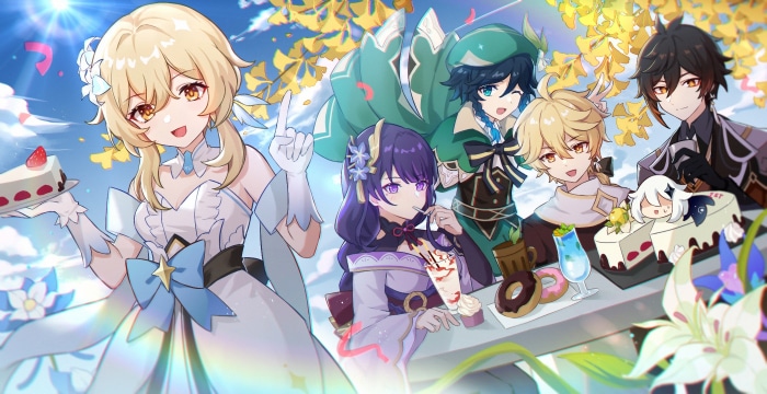 Genshin Impact characters enjoying a picnic with desserts