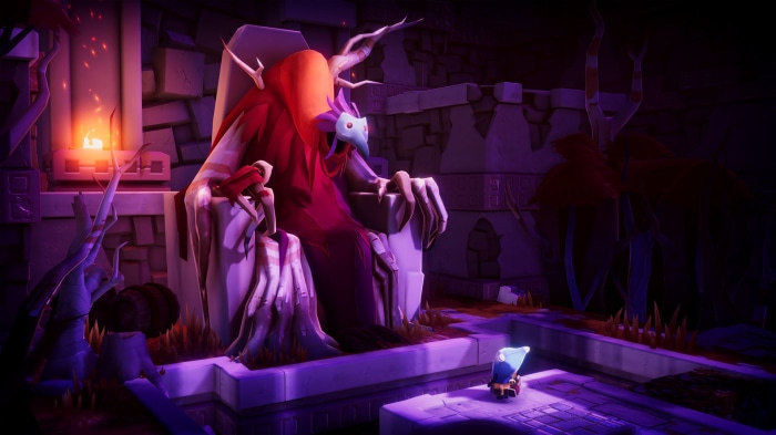 The Last Campfire character on a throne