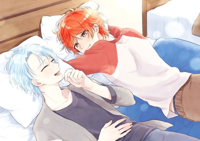 Shibasaki Shinya and Shigure Hakka lying on a bed