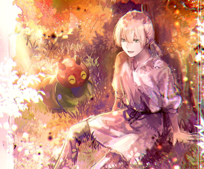 Oberon from Fate/Grand Order sitting with a caterpillar