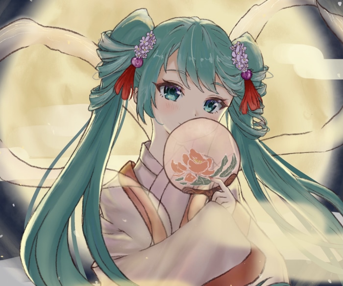 Hatsune Miku holding a fan with a full moon background