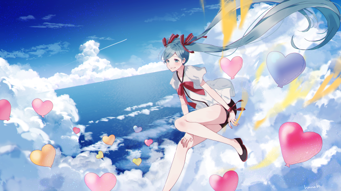 Hatsune Miku floating among clouds with heart balloons