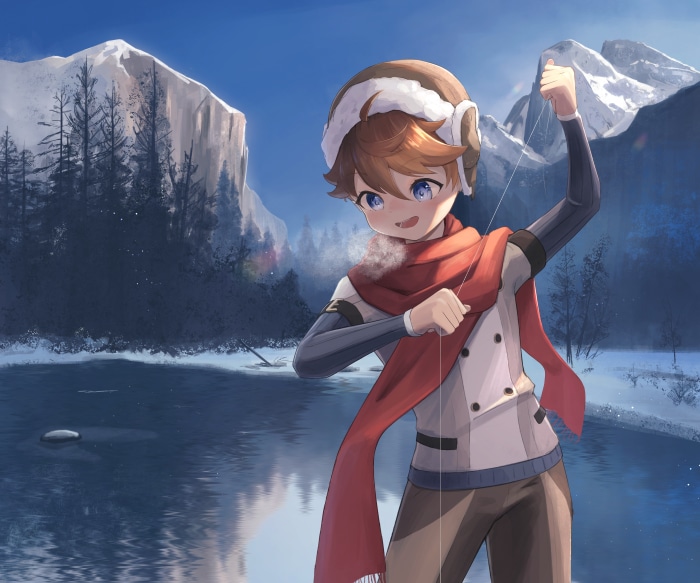 Teucer from Genshin Impact fishing in winter