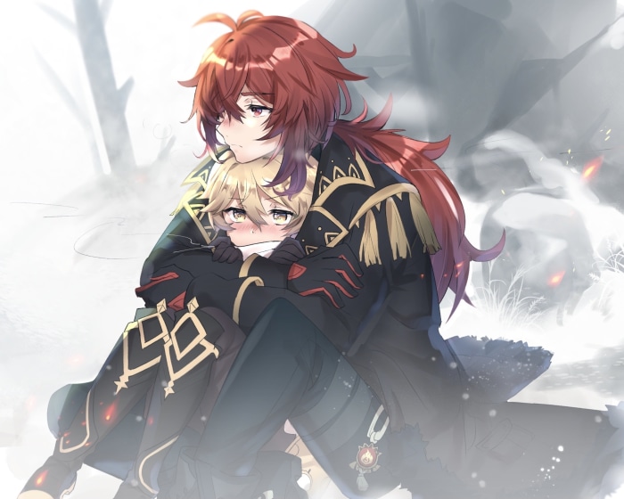 Diluc and Aether from Genshin Impact Embrace