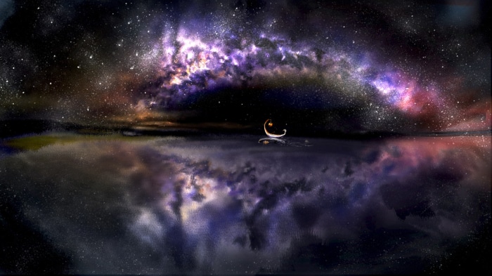 Starry night sky reflected in water with a crescent moon