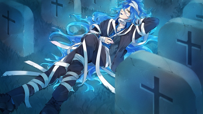 Idia Shroud from Twisted Wonderland lying in a graveyard