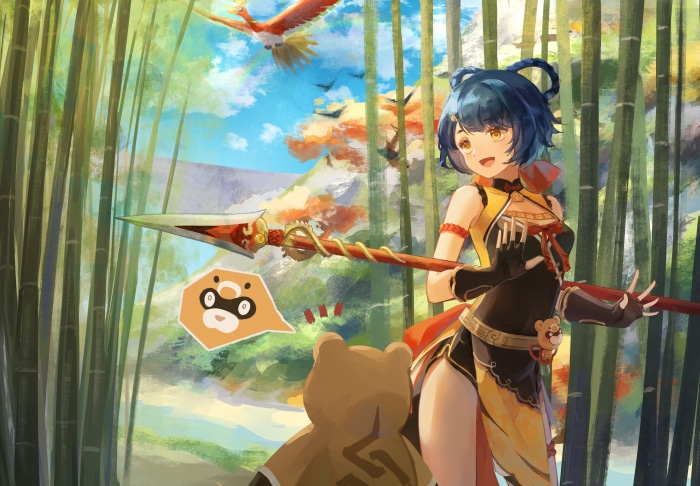 Xiangling and Guoba from Genshin Impact with Ho-oh
