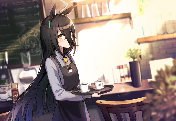 Manhattan Café from Uma Musume: Pretty Derby serving coffee
