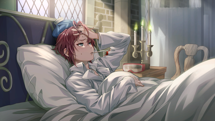 Riddle Rosehearts from Twisted Wonderland sick in bed