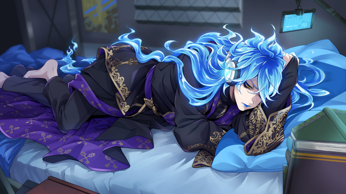 Idia Shroud from Twisted Wonderland lying on a bed