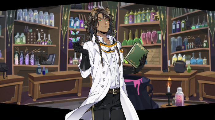 Leona Kingscholar from Twisted Wonderland in a laboratory