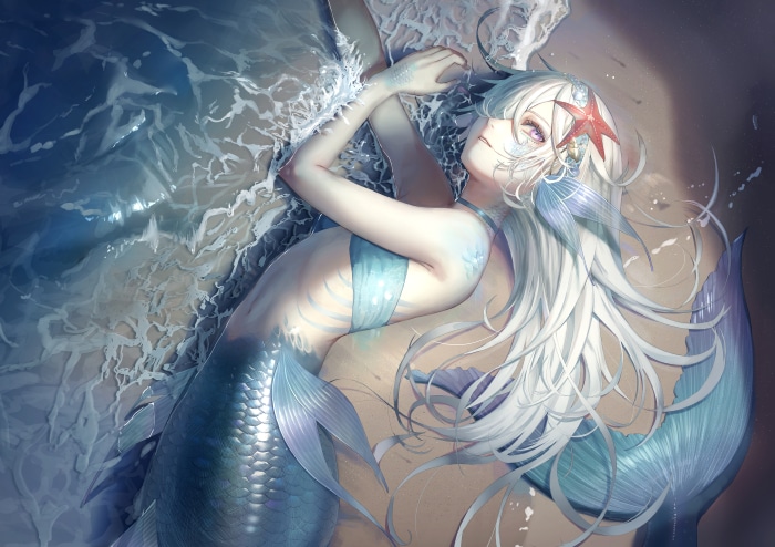 Mermaid with starfish in hair on beach 4K