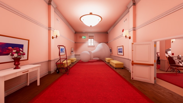 Superliminal hallway with giant chicken leg