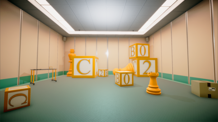 Superliminal room with oversized chess pieces and alphabet blocks
