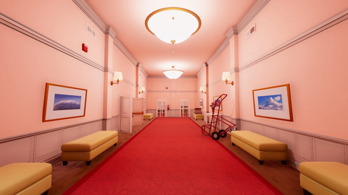 Superliminal hallway with red carpet and furniture
