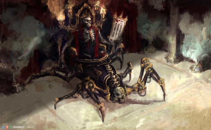 Skeleton on a mechanical spider throne