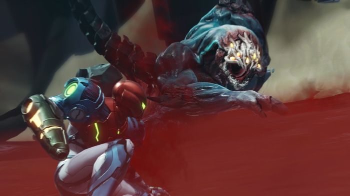 Samus Aran from Metroid Dread fighting a creature