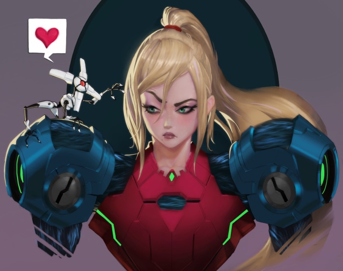 Samus Aran from Metroid Dread with a robot companion