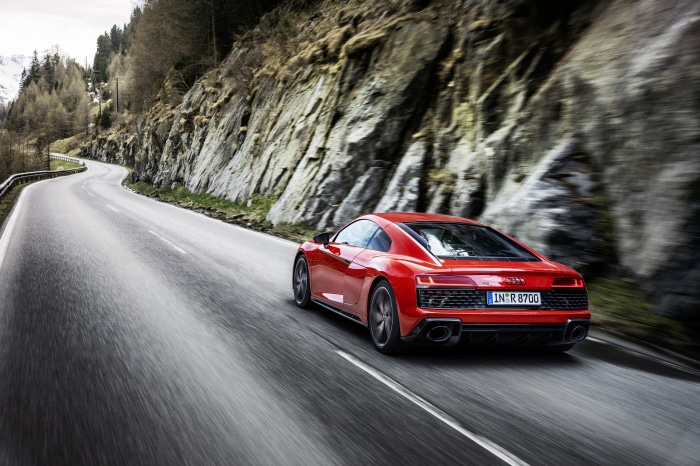Red Audi R8 GT Spyder 4K on a mountain road