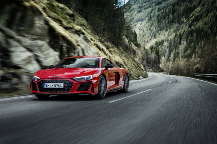 Red Audi R8 GT Spyder 4K on a mountain road