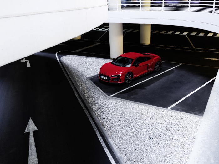 Red Audi R8 GT Spyder 4K in parking garage