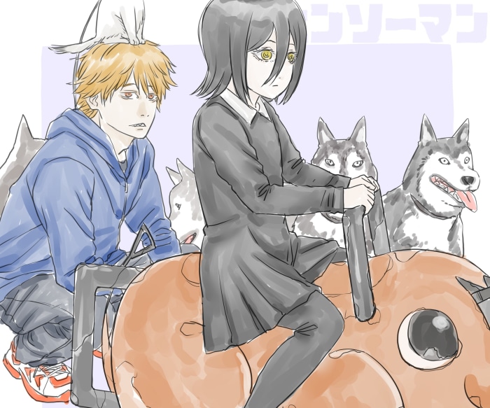 Nayuta and Denji from Chainsaw Man with dogs