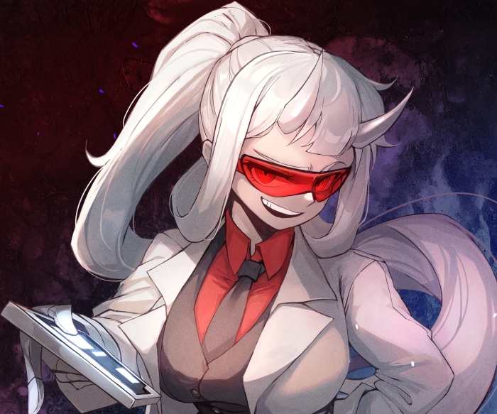 Azazel from Helltaker wearing a lab coat and red glasses
