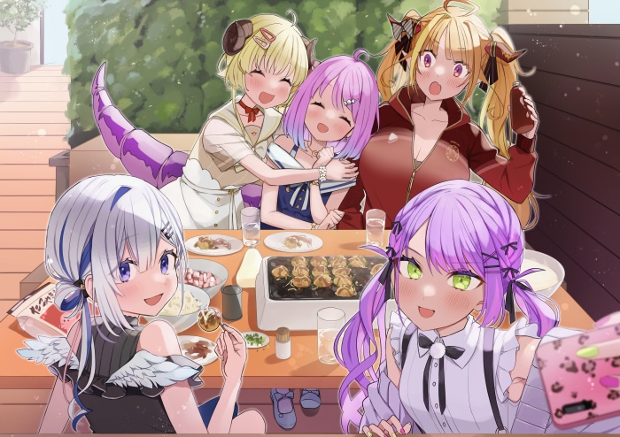 Hololive VTubers Amane Kanata, Kiryu Coco, Himemori Luna, Tokoyami Towa, Tsunomaki Watame