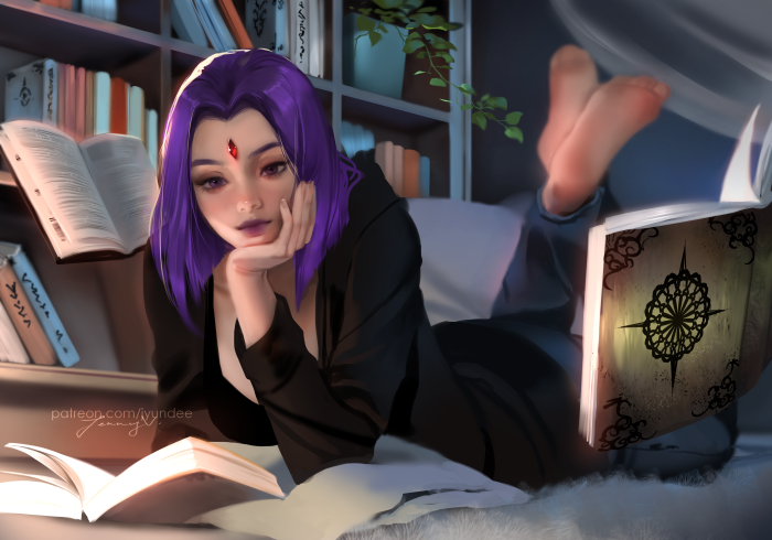 Raven from Teen Titans reading books
