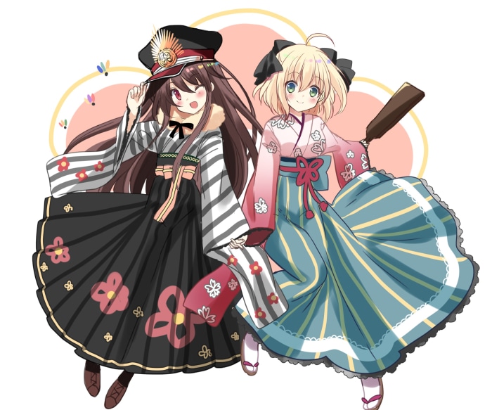 Two anime girls in traditional Japanese clothing