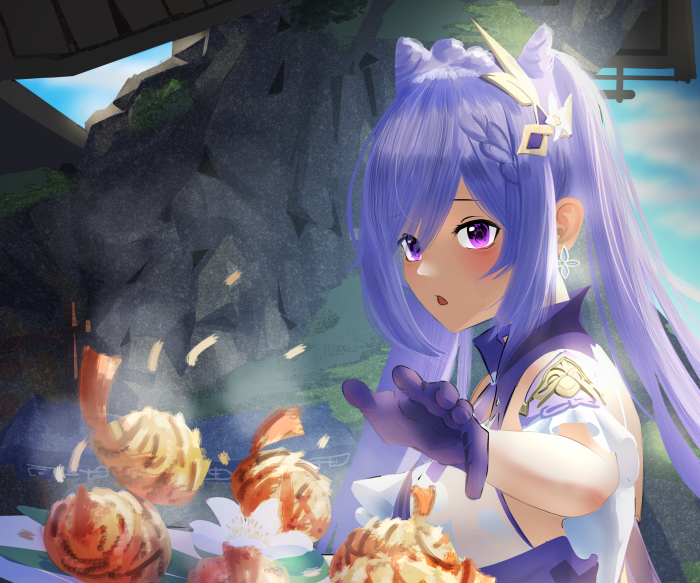 Keqing from Genshin Impact cooking seafood