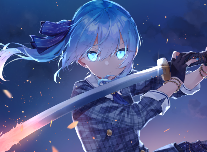 Hoshimachi Suisei from Hololive with a glowing sword