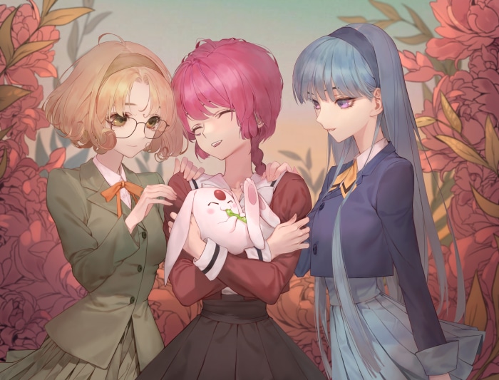Mokona Modoki with Hikaru, Umi, and Fuu from Magic Knight Rayearth 4K