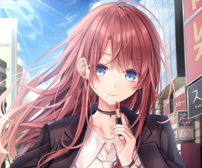 Girl with pink hair applying lipstick