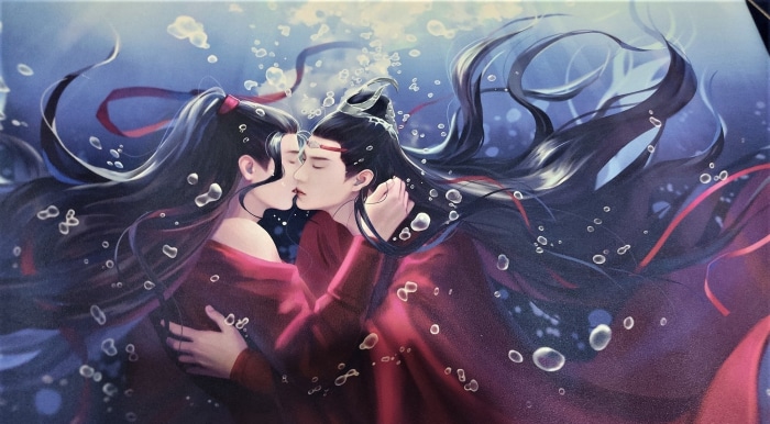 Wei Wuxian and Lan Wangji kissing underwater