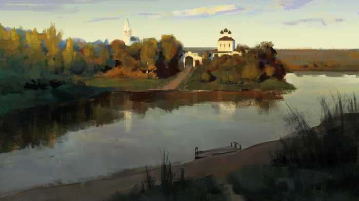 Painting of a church and trees by a river in Russia