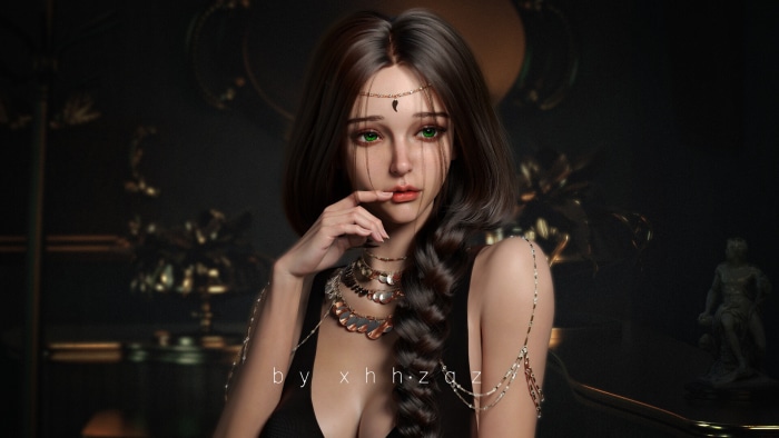 Fantasy Woman with Green Eyes and Ornate Jewelry