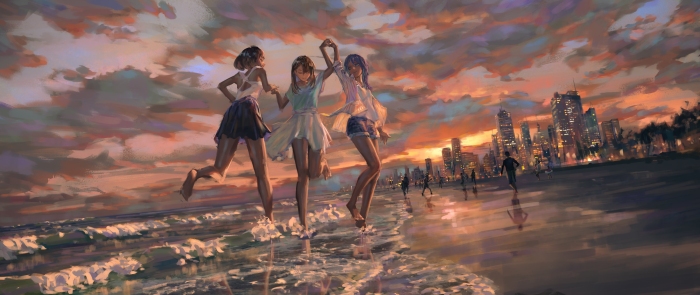 Three girls running on a beach at sunset with city skyline