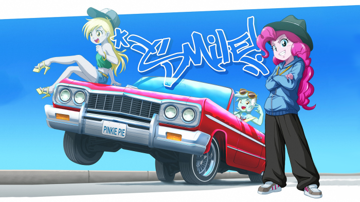 My Little Pony: Equestria Girls characters with a car