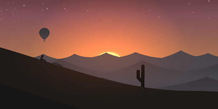 Desert sunset with a person on a snowboard and a hot air balloon